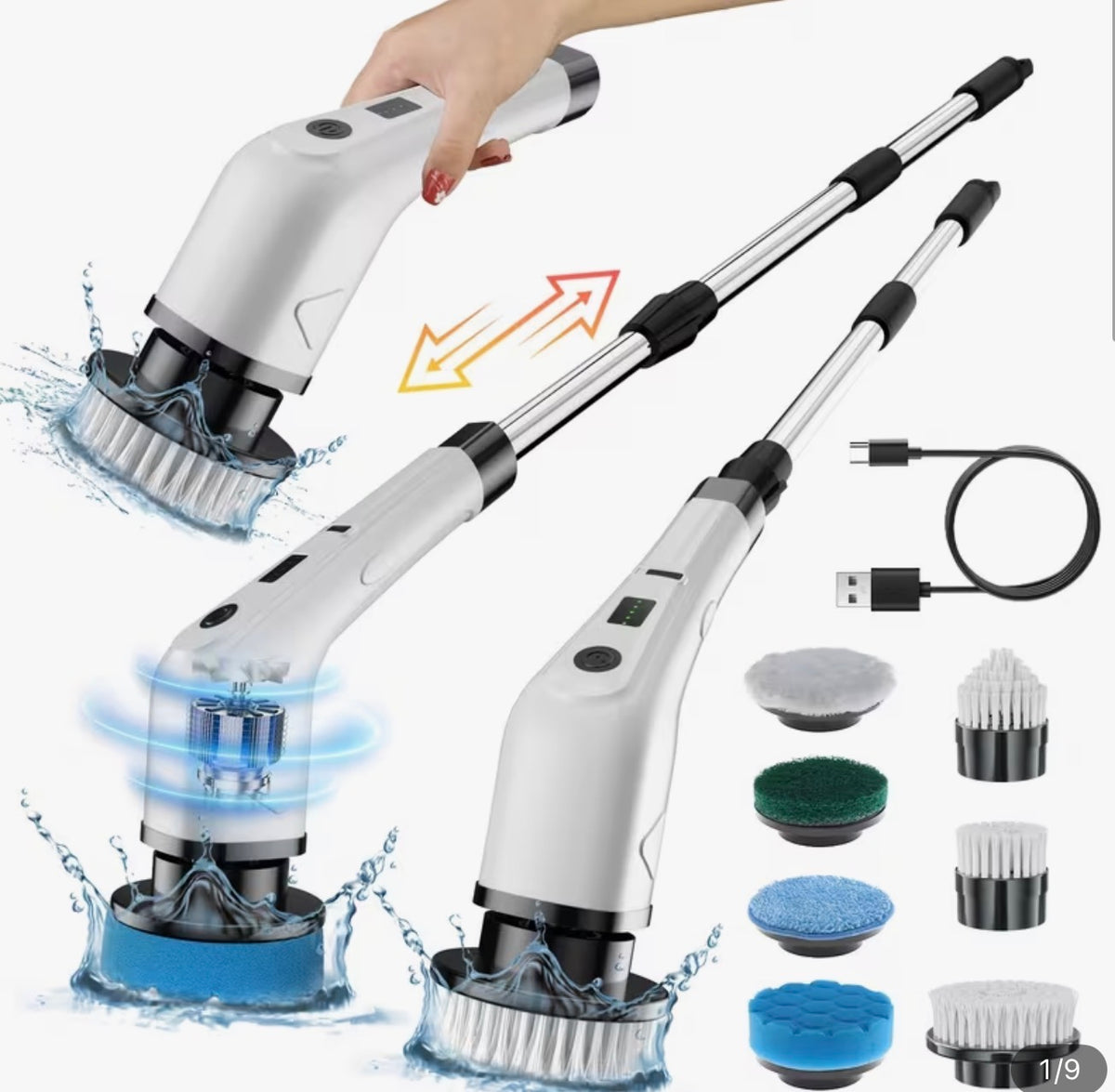Multifunctional Rechargeable Cleaning Brush w/Long Handle and 7-in-1 Cleaning Tool, Floor, Kitchen, Bathroom etc.