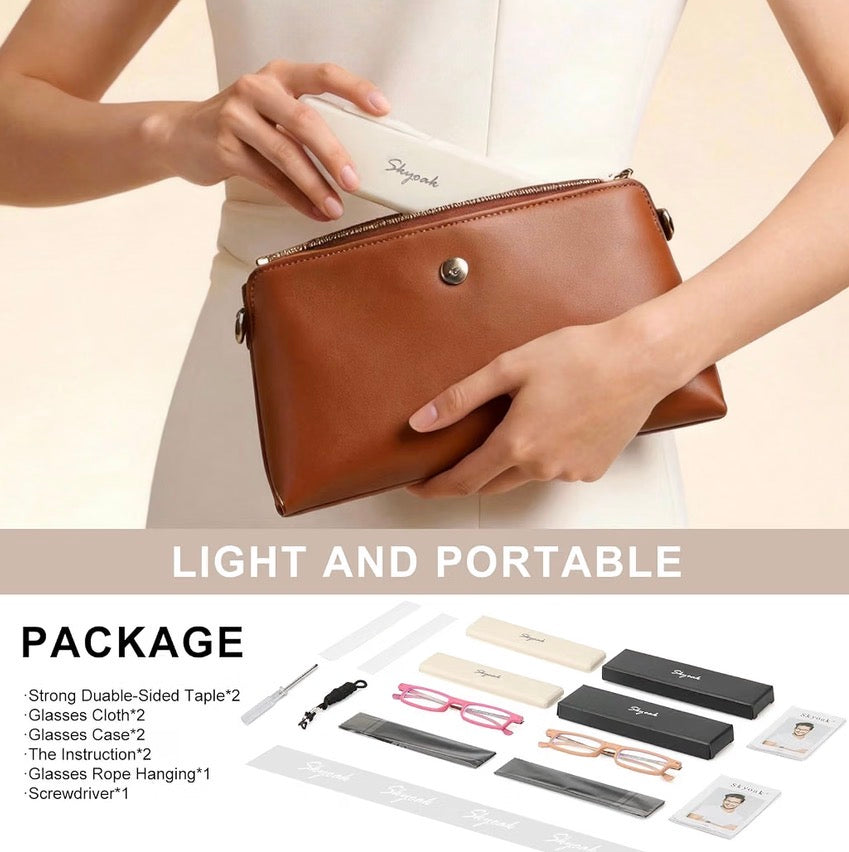 2 Pack Ultra Thin Lightweight Folding Reading Glasses for Women, TR90 Compact Anti Blue Light/Eyestrain Computer Readers, Foldable Unique Stretchable Slim Flat Case, Gunmetal and Clear +2.5