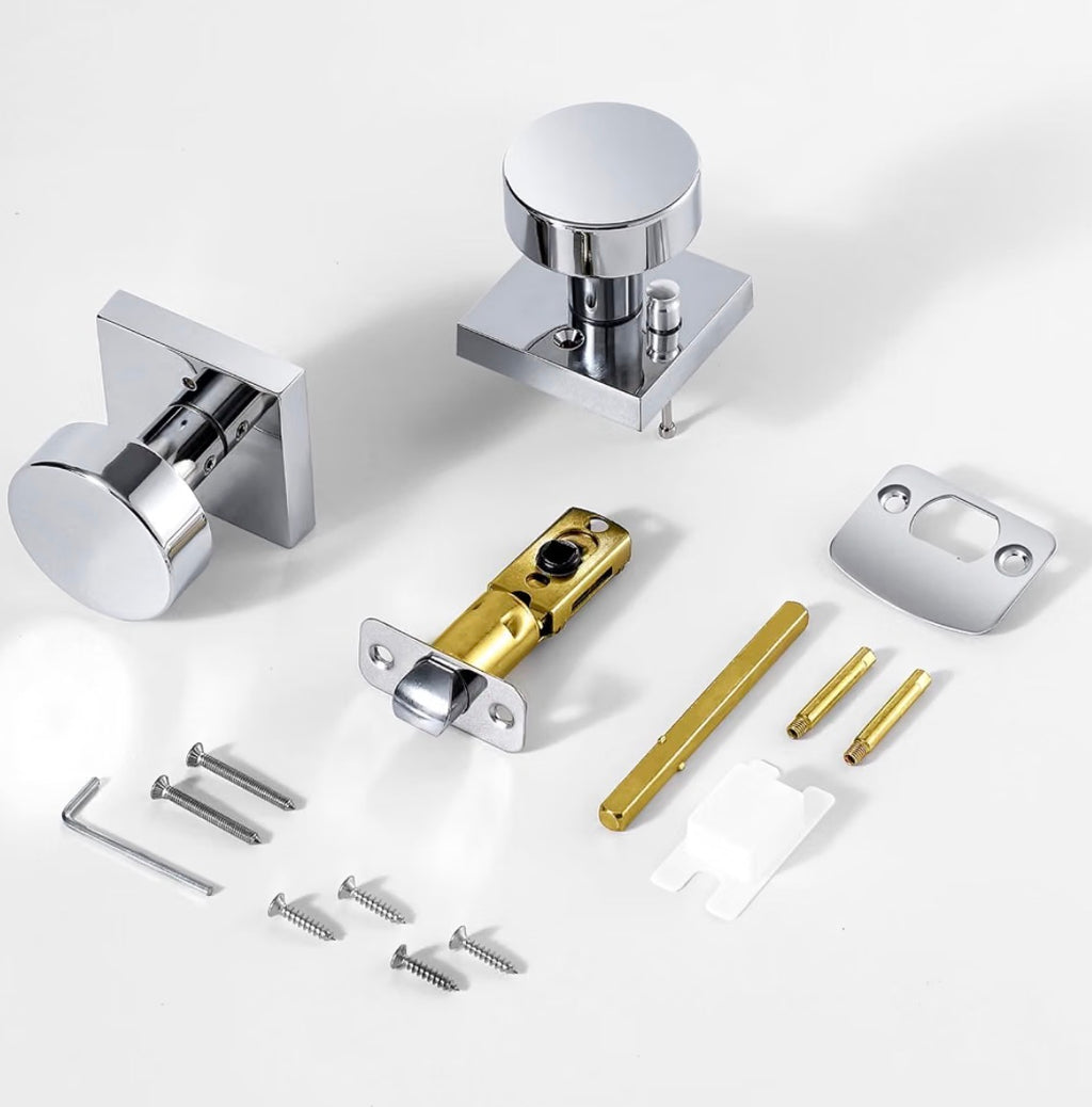 Polished Chrome Door Knobs Interior, Polished Chrome Privacy Door Knob with Lock, Heavy Duty Square Modern Door Handle for Bedroom Bathroom