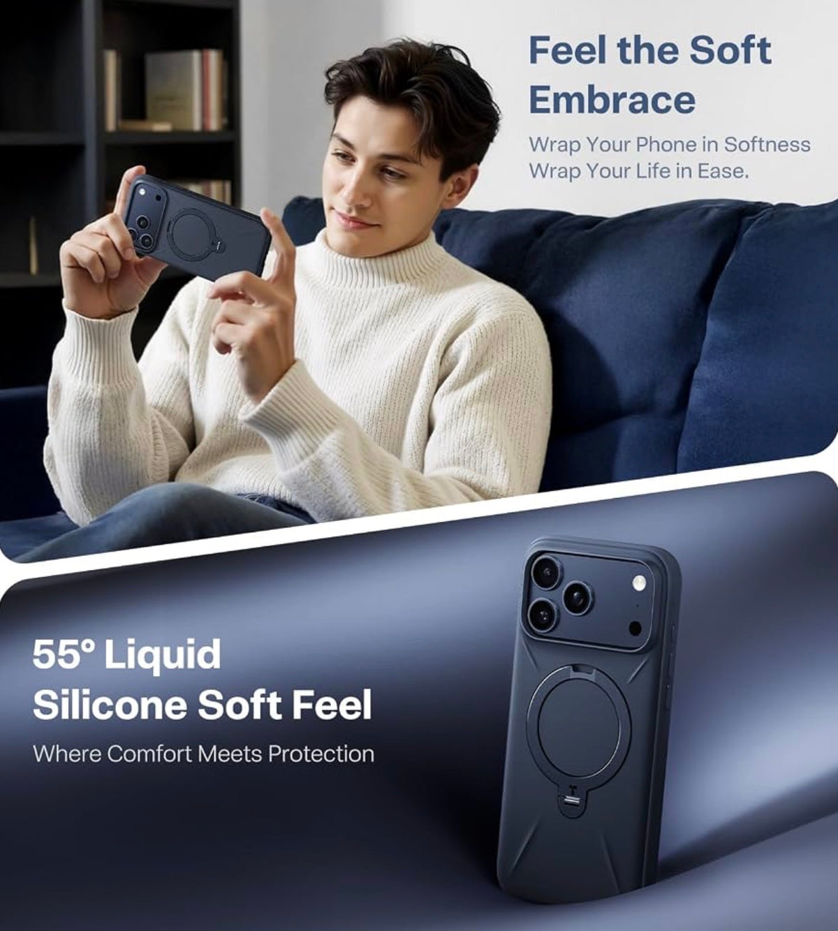 TORRAS Q3 Silicone for iPhone 17 Pro Max Case Magnetic Stand Deep Blue w/Tan Interior, Fit for MagSafe, Liquid Silicone Soft Cozy Grip, 360 Spin Magnetic Stand, Camera Control, Shockproof Protection, Anti-Scratch