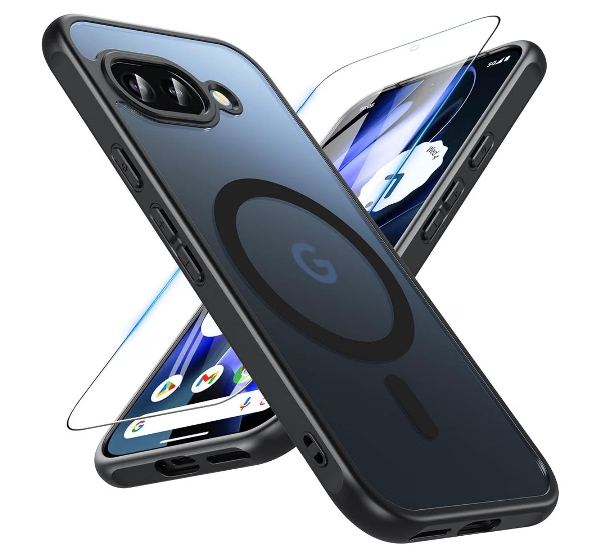 for Google Pixel 9A Case Magnetic, Pixel 9A Phone Case with Screen Protector [Compatible with MagSafe], Translucent Back Slim Shockproof Protective Case, Black