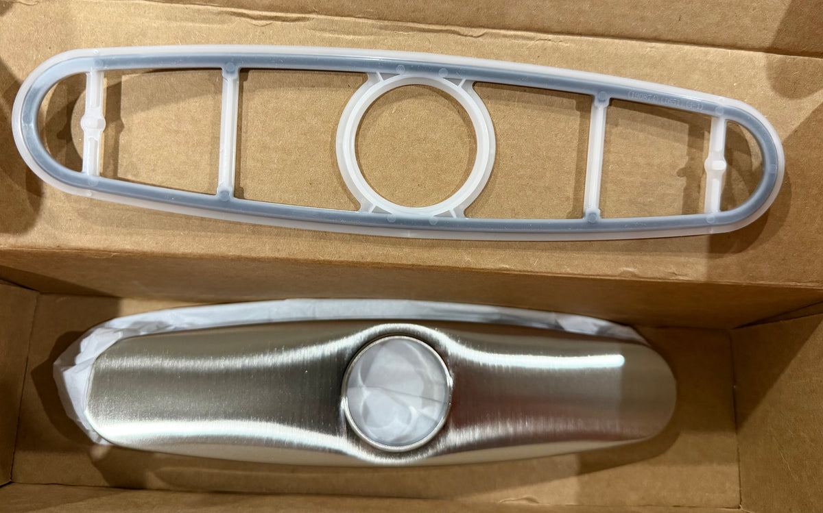 Moen 141002CSL Escutcheon Plate, Classic Stainless Finish, 3-hole sink coverage, stainless finish coordination, faucet base coverage, flexible install solution, easy deck mount
