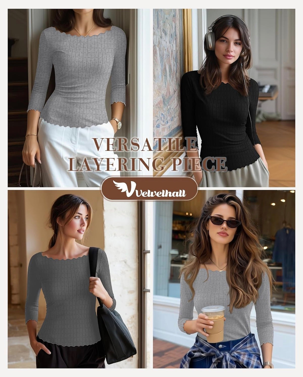 3 Pack Women's 3/4 Sleeve Tops, Boat Neck, Lettuce Trim, Jacquard Shirts, Slim Fit, Casual, Layering, Basic Tees, Three Quarter Length, Fitted - Size XXL