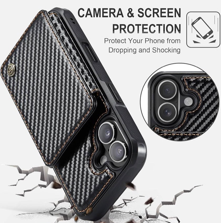Vinich for iPhone 17 Wallet Case with Card Holder, Carbon Black, RFID Blocking Credit Slots, Kickstand, Shockproof Flip Phone Cover, PU Leather, Double Magnetic Clasp