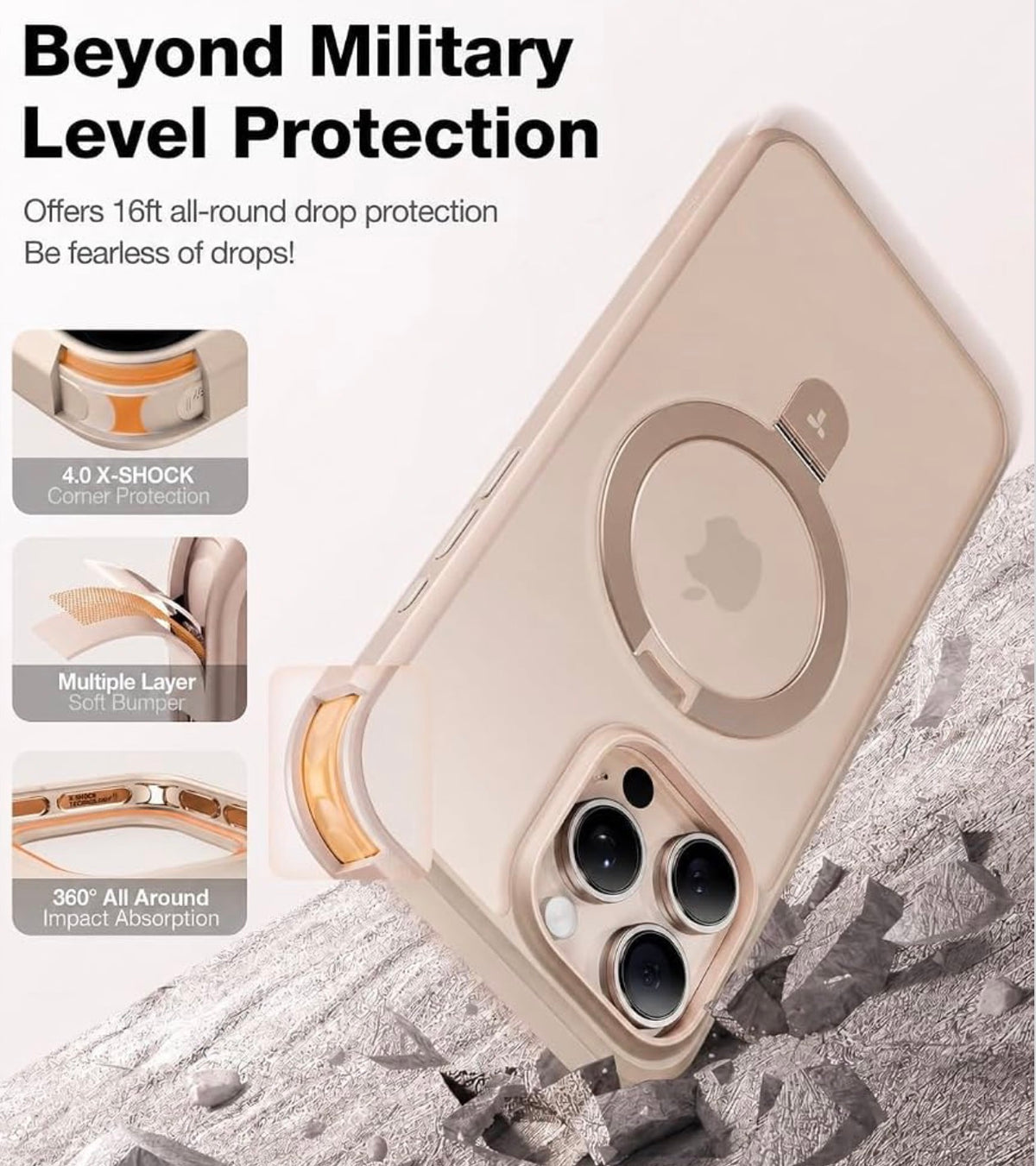 TORRAS Ostand for iPhone 16 Pro Case Magnetic Stand, Desert Titanium 6.3"
[Fit for MagSafe] [Flexible Stable Stand] 4X Military-Grade Shockproof, Slim Protective Phone Cover, Translucent Rose Gold