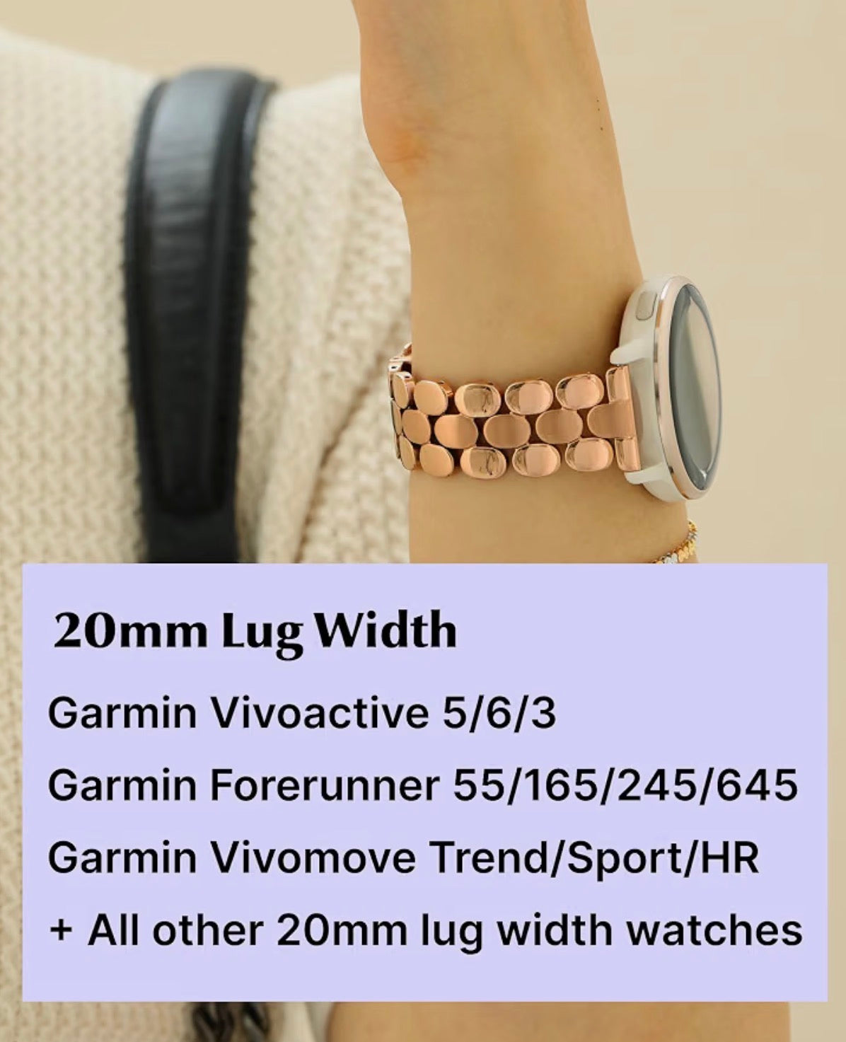 Dressy Watch Band for Garmin Vivoactive 5/6/Forerunner 55/165, 20mm Stainless Steel Watch Bands for Garmin Watch for Women