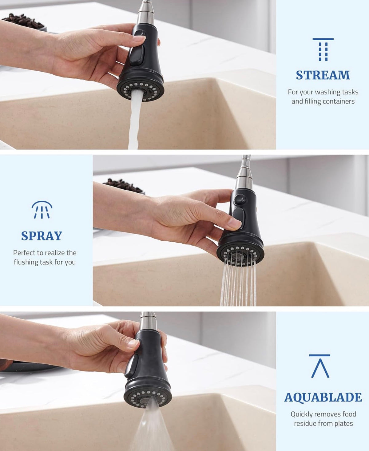 Kitchen Faucet Spray Head Replacement, 3-Function Pull Down Sprayer Head
15 Adapters, Compatible with Moen Delta Kohler, 3-Mode Stream Spray Blade, Removable Aerator, Easy Install, Matte Black