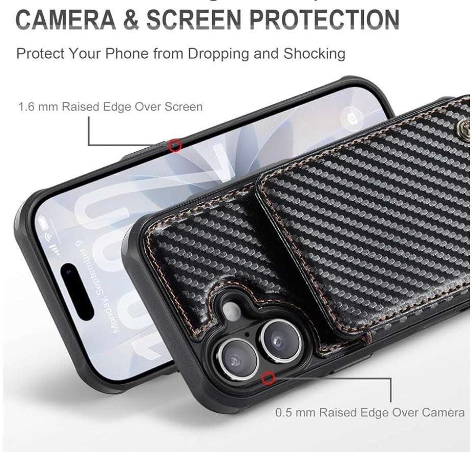 Vinich for iPhone 17 Wallet Case with Card Holder, Carbon Black, RFID Blocking Credit Slots, Kickstand, Shockproof Flip Phone Cover, PU Leather, Double Magnetic Clasp