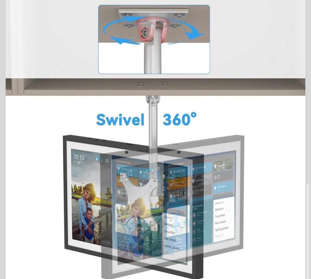 Under Cabinet Mount for Echo Show 15/21, Height Adjustable Mount Wide Range of Motion, Keeps Counters Clear, Swivel and Tilt Mount for Show 15, Aluminum, Ideal for Kitchen Use, Height-Silver