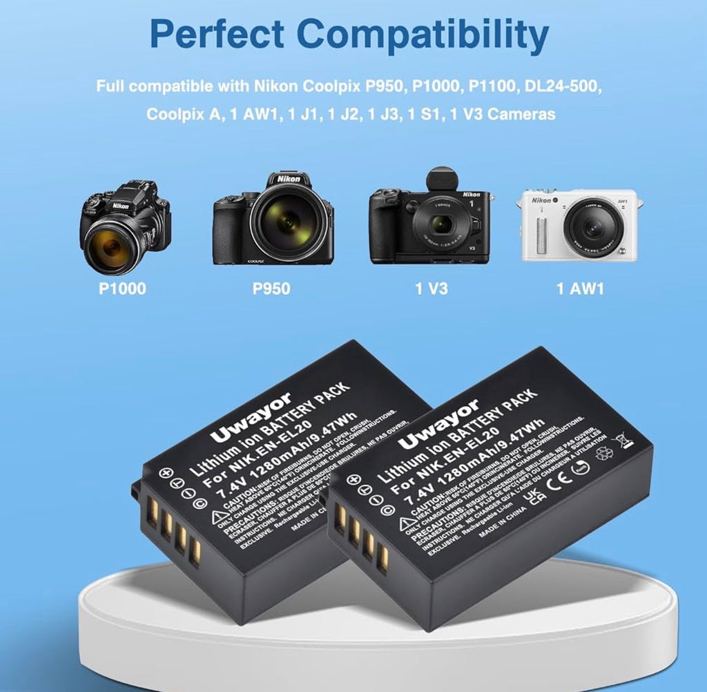 EN-EL20 EN-EL20a Battery and Charger Set for Nikon Coolpix P1000, P950, DL24-500, Coolpix A, 1 AW1, 1 J1, 1 J2, 1 J3, 1 S1, 1 V3 Camera