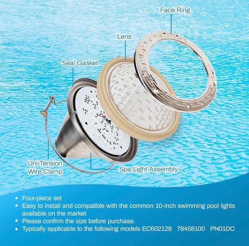 10'' Pool Light Maintenance Kit Fixing Clamp 79111000, Sealing Ring 79101600Z, Stainless Steel Face Ring 79110600, Suitable for Maintenance