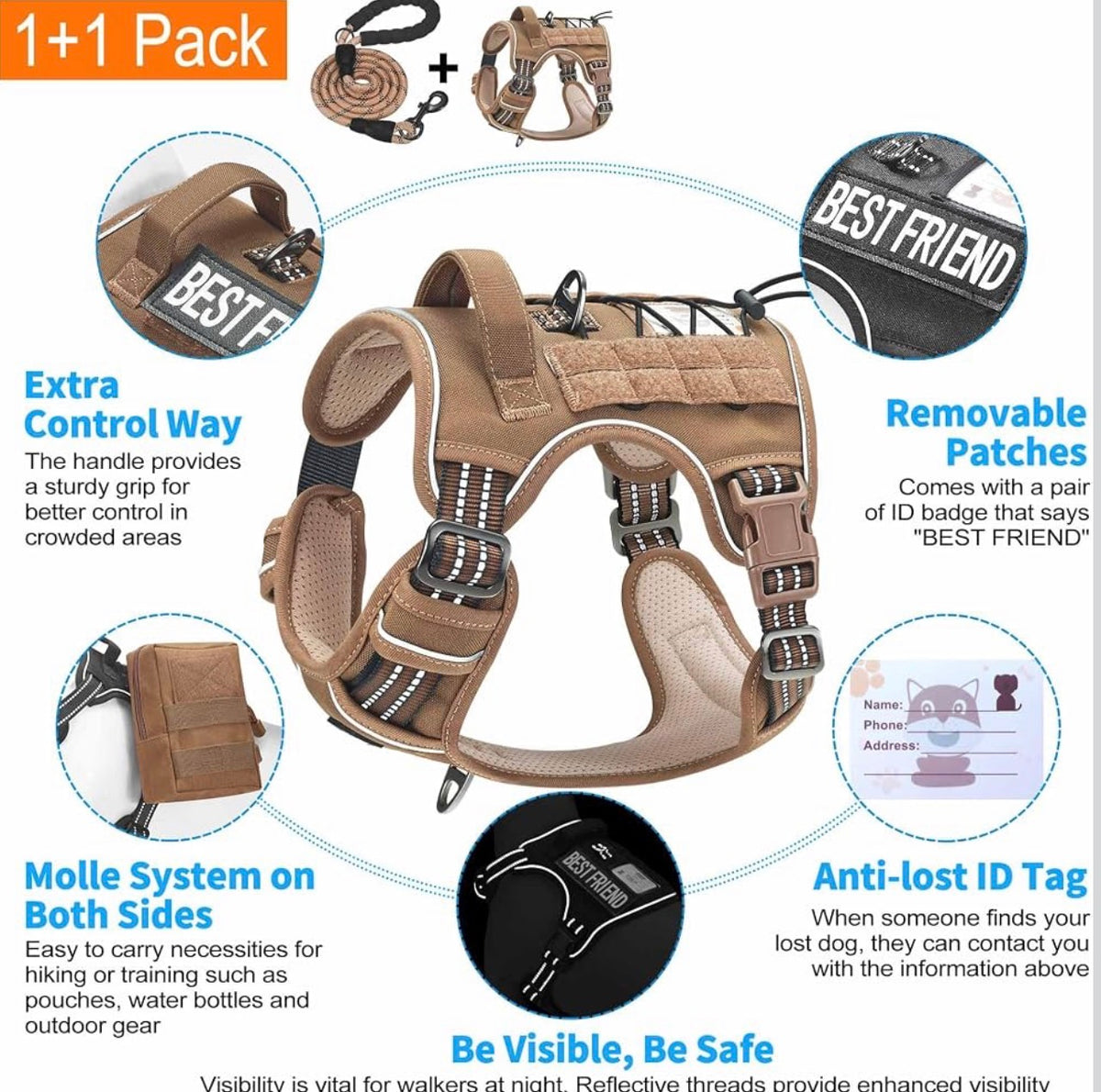 Heavy Duty Tactical Dog Harness for Small Dogs, No Pull Adjustable Pet Harness Reflective Service Training Easy Control Pet Vest Military K9 Working Dog Harnesses- Medium, Brown