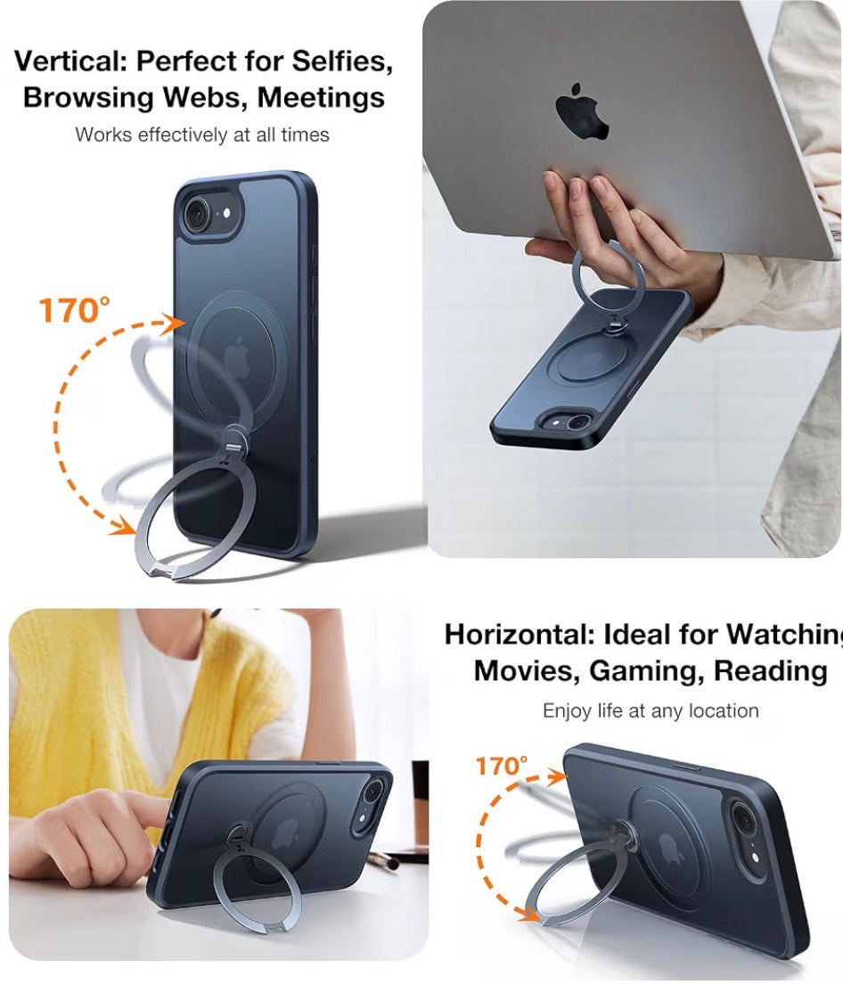 360 Spin for iPhone 17e Case & iPhone 16e case with Stand, Fit for MagSafe, 4X Military-Grade Protective, Stand Phone Case for iPhone 17e Case, Ring Holder Slim Cover, Matte Black 6.1''