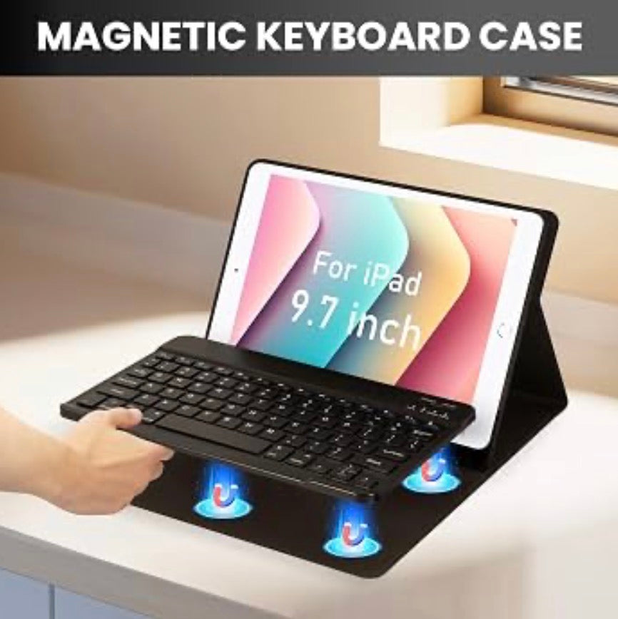 Keyboard Case for iPad 9.7 inch 2018 (6th Gen)/ 2017 (5th Gen)/2016 iPad Pro/Air 2/1, Thin - Detachable - Wireless Keyboard Cover with Pencil Holder for iPad 9.7 inch, Auto Sleep/Wake, Black