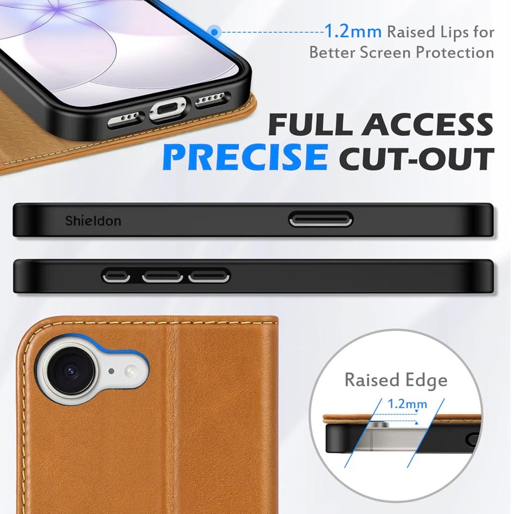 Genuine Leather Case Wallet for iPhone 17e/16e, Retro Light Brown, Flip Magnetic Cover, RFID Blocking, Credit Card Holder, Kickstand, Book Design, Shock-Absorbent Phone Cover