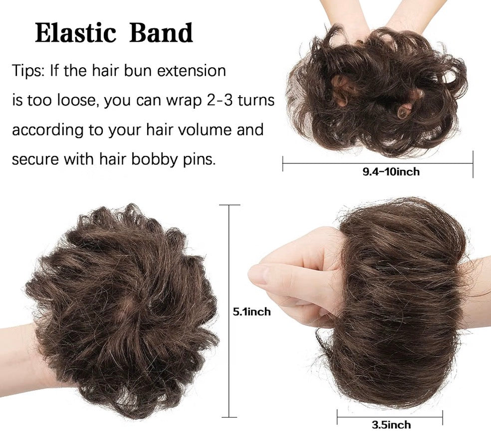 100% Human Messy Bun - Human Hair Bun Real Elastic Scrunchies Hair Pieces Soft Fluffy Wavy Ponytail Extensions Updo Chignon Hairpieces for Women, Medium Brown Auburn