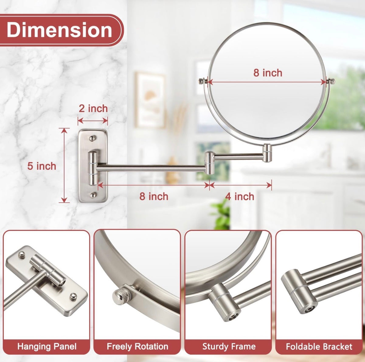 Wall Mounted Makeup Mirror, 1X/5X Magnifying Mirror Double Sided, 8 Inch Extendable Bathroom Mirror for Shaving, Nickel
