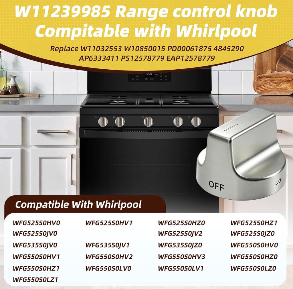 5 Pcs W11239985 W10850015 Stove Knob Replacement Compatible with Whirlpool WFG525S0HZ1 WFG550S0HZ0 WFG525S0HZ0 WFG525S0JV0 Replace 4845290 W11032553 PD00061875 AP6333411