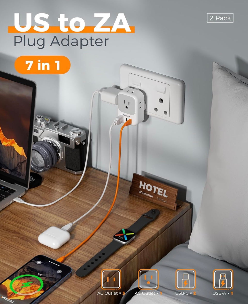 South Africa Type M Plug Adapter, 2 Pack
4 Outlets, 3 USB (2 USB-C), For US to Namibia Botswana Nepal Mozambique Sri Lanka Eswatini Lesotho