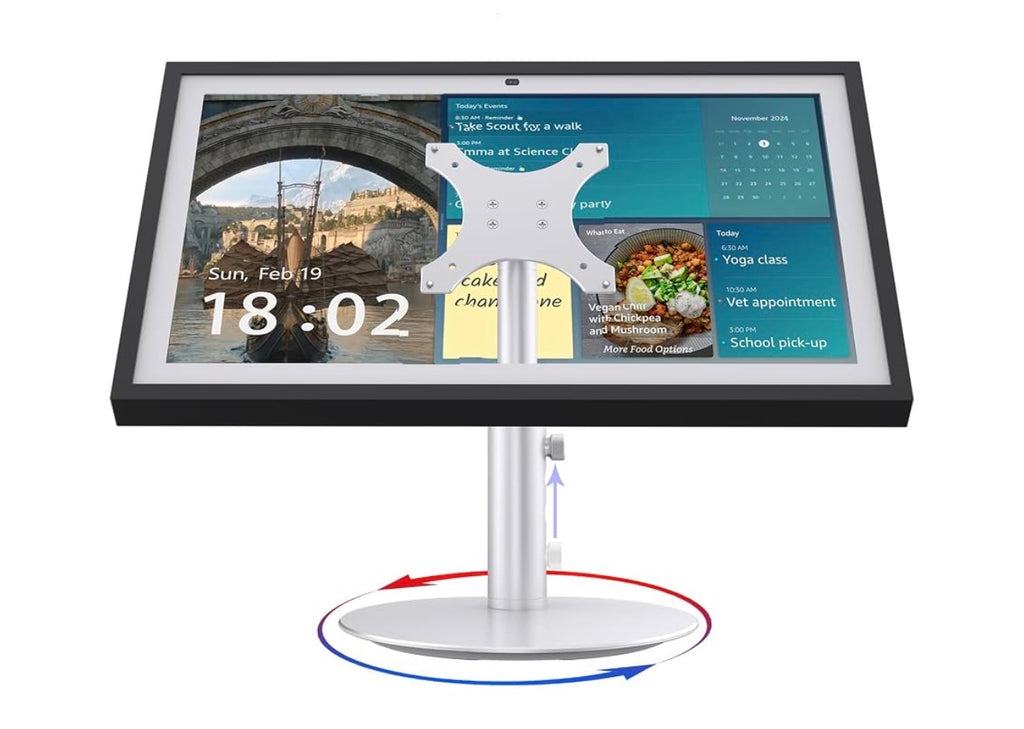 Stand for Echo Show 15/21, 4-Level Height Settings, Swivel and Tilt
360° Swivel Base, Adjustable Tilt, Aluminum Construction, VESA-Compatible for 15-21" Displays, Silver