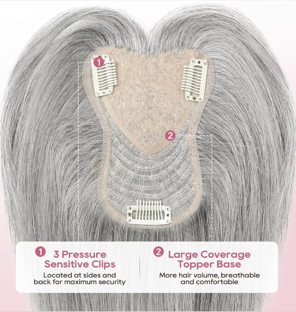 Human Hair Topper for Women Real Human Thick Hair Topper Invisible Wiglett for Daily Wear Adding Instant Volume, Gray