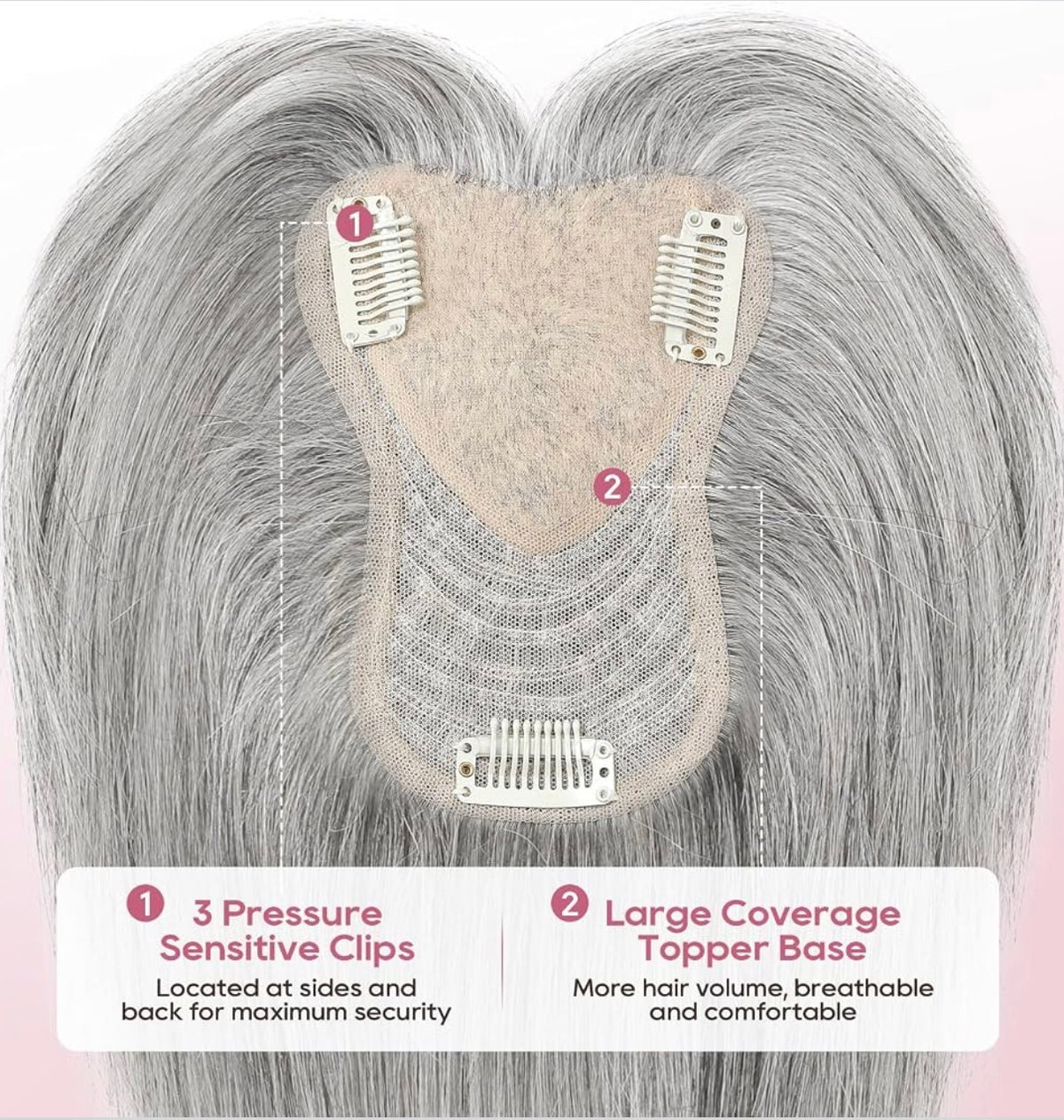 Human Hair Topper for Women Real Human Thick Hair Topper Invisible Wiglett for Daily Wear Adding Instant Volume, Gray