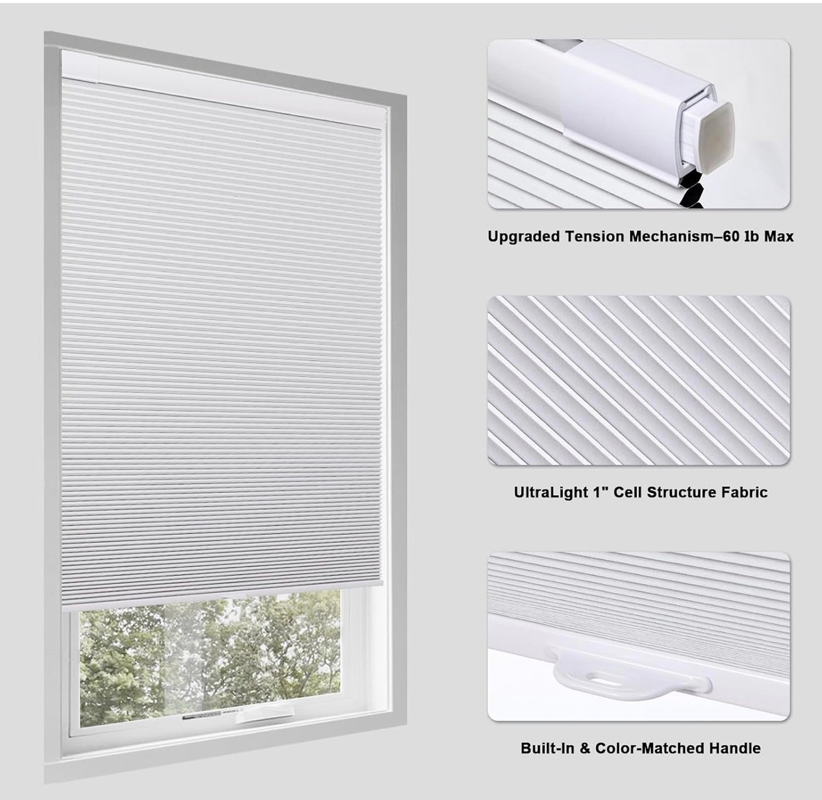 No Drill Cellular Shades for Indoor Windows, Thermal Insulating & Noise Reducing Honeycomb Blinds, Free Stop Cordless Blackout Shades, White,48" W x 64" H