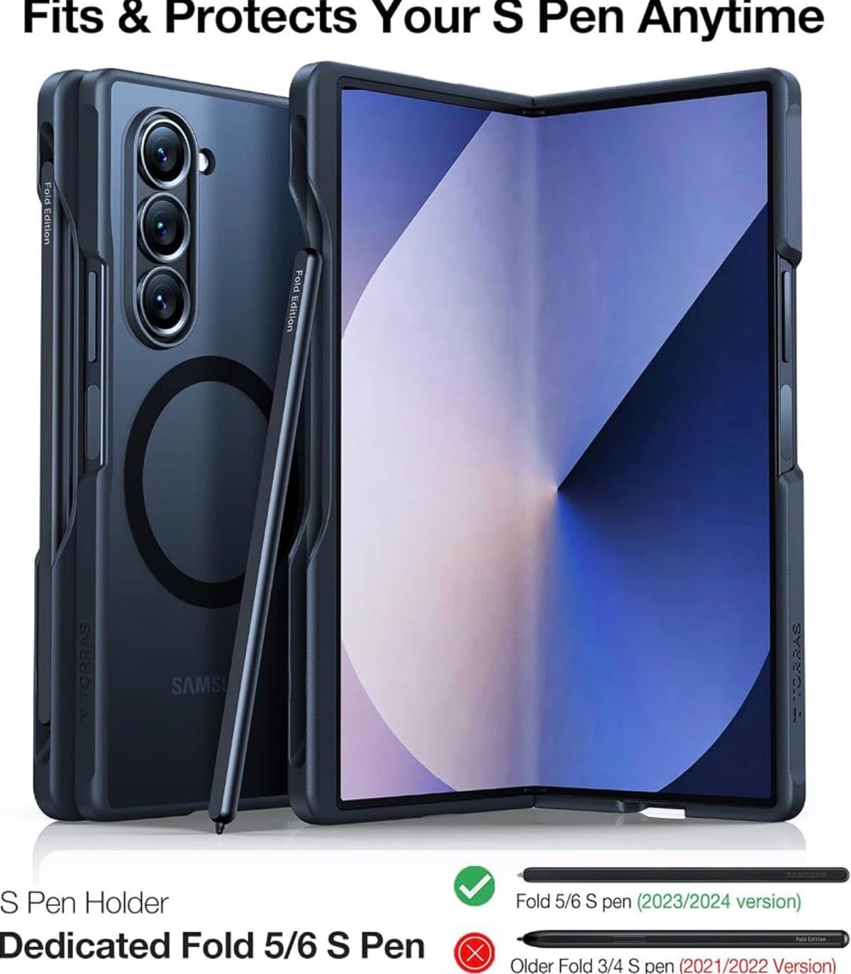 TORRAS Magnetic Shockproof Compatible with Samsung Galaxy Z Fold 6 Case with S Pen Holder, [Compatible with Magsafe] [Military Grade Drop Tested]Translucent Slim Phone Case for Samsung Z Fold 6, Black