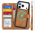 Detachable Wallet Case for iPhone 18 Pro/17 Pro (6.3"), Light Brown, 4 Card Holders, RFID Blocking, Wireless Charging, Kickstand, Wrist Strap, Shockproof TPU, PU Leather, Magnetic, Folio Cover