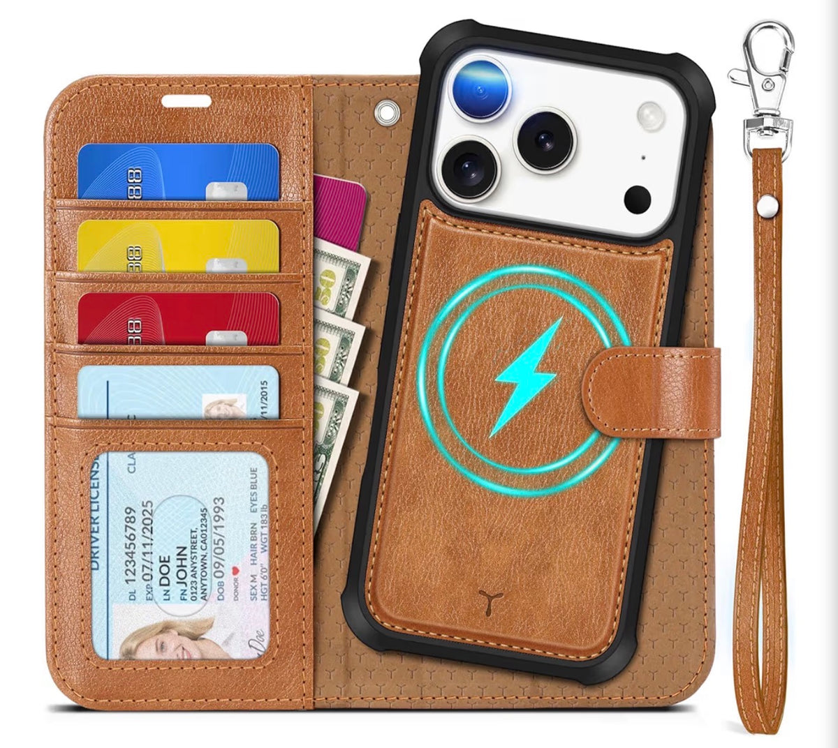 Detachable Wallet Case for iPhone 18 Pro/17 Pro (6.3"), Light Brown, 4 Card Holders, RFID Blocking, Wireless Charging, Kickstand, Wrist Strap, Shockproof TPU, PU Leather, Magnetic, Folio Cover