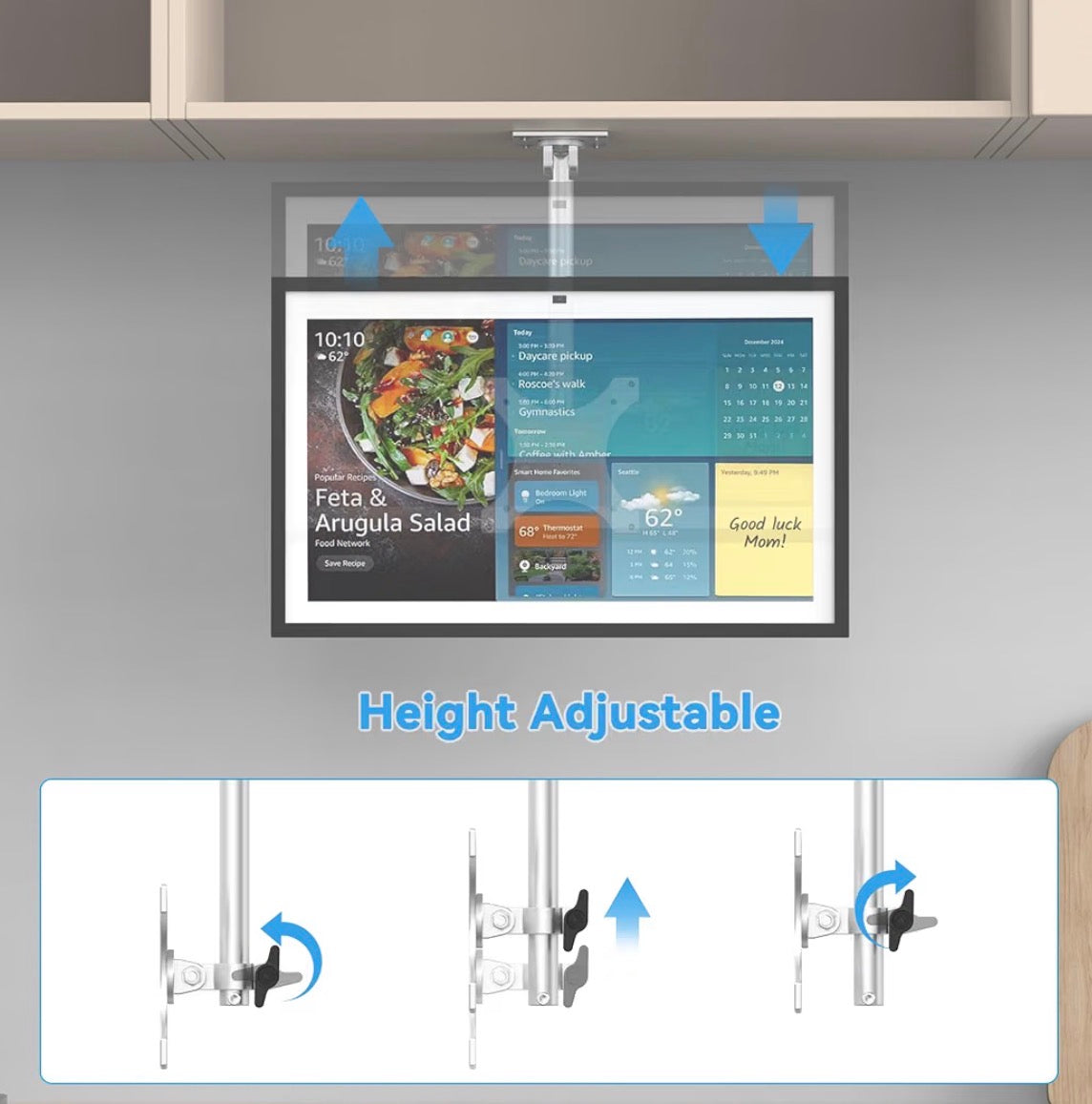 Under Cabinet Mount for Echo Show 15/21, Height Adjustable Mount Wide Range of Motion, Keeps Counters Clear, Swivel and Tilt Mount for Show 15, Aluminum, Ideal for Kitchen Use, Height-Silver