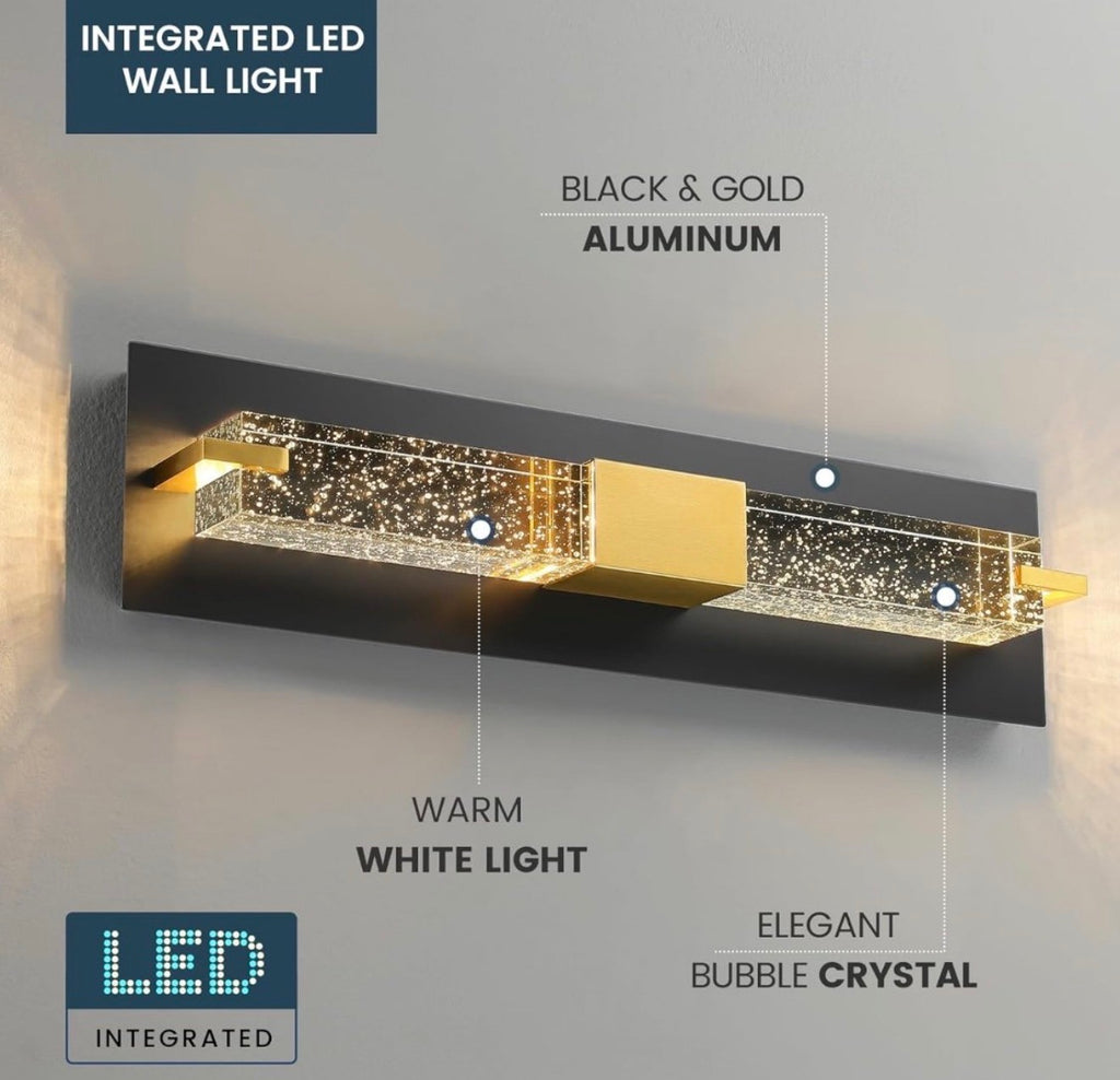 LED Wall Sconce Light: 19 Inch Black & Gold Modern Sconces Wall Lighting 3000K Dimmable Crystal Wall Lamps Indoor Bathroom Sconce Mount Light Fixtures for Living Room/Bedroom/Hallway