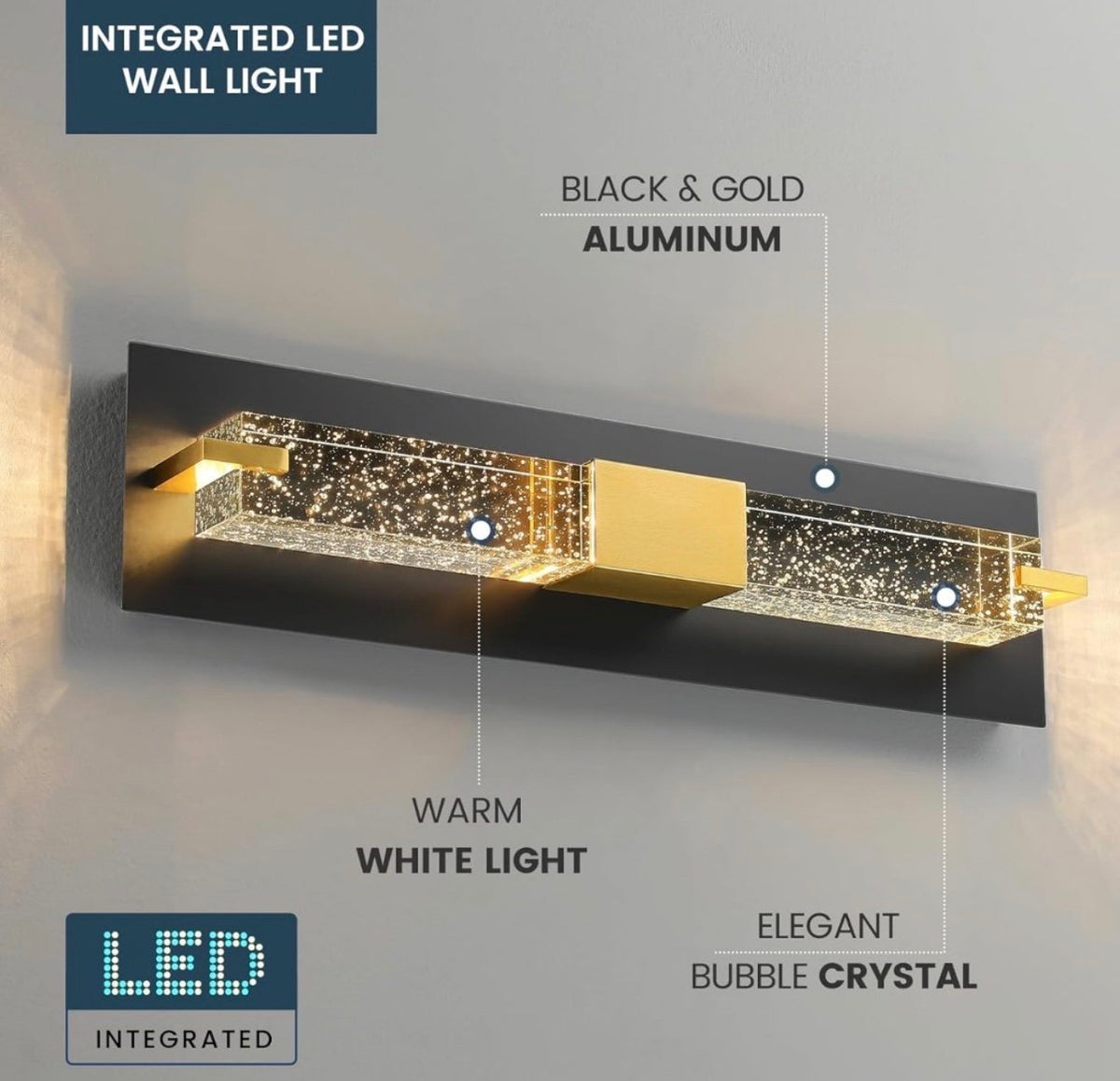 LED Wall Sconce Light: 19 Inch Black & Gold Modern Sconces Wall Lighting 3000K Dimmable Crystal Wall Lamps Indoor Bathroom Sconce Mount Light Fixtures for Living Room/Bedroom/Hallway