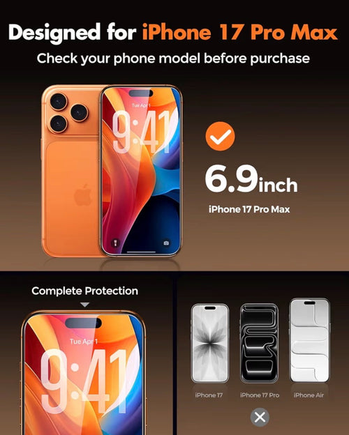1 Pack Screen Protector for iPhone 17 Pro Max Tempered Glass Military Grade Shatterproof, 9H+ Hardness, 99.99% HD Clear, Bubble-Free, Easy Installation Frame, for iPhone 17 Pro Max