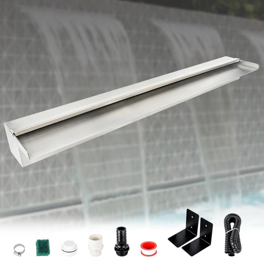 36” Inch Pool Fountain 304 Stainless Steel Waterfall Spillway with Pipe Connector Kits, Wider Water Flow Sheer Descent Platform Water Feature Fountain for Swimming Pool, Outdoor Garden Decor