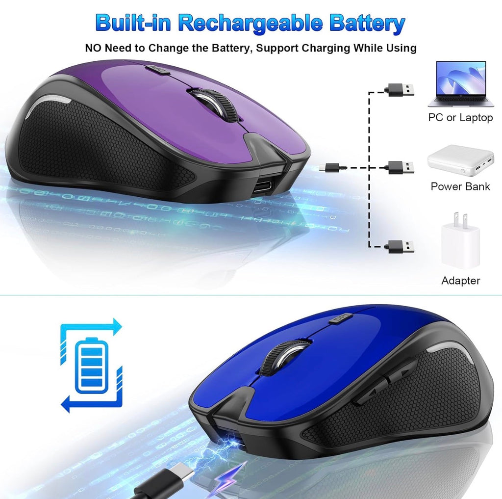 Mouse for MacBook Bluetooth Wireless Laptop Mac Pro Air Mice with Jiggler, Wireless Rechargeable PC Pad Optical Silent Mouse Dual Mode Switch Bluetooth 5.2/3.0 and 2.4GHz USB Type-C Receiver PURPLE