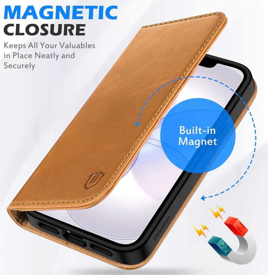 Genuine Leather Case Wallet for iPhone 17e/16e, Retro Light Brown, Flip Magnetic Cover, RFID Blocking, Credit Card Holder, Kickstand, Book Design, Shock-Absorbent Phone Cover
