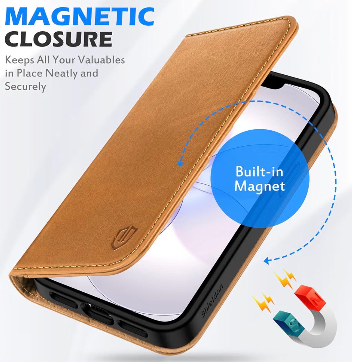 Genuine Leather Case Wallet for iPhone 17e/16e, Retro Light Brown, Flip Magnetic Cover, RFID Blocking, Credit Card Holder, Kickstand, Book Design, Shock-Absorbent Phone Cover