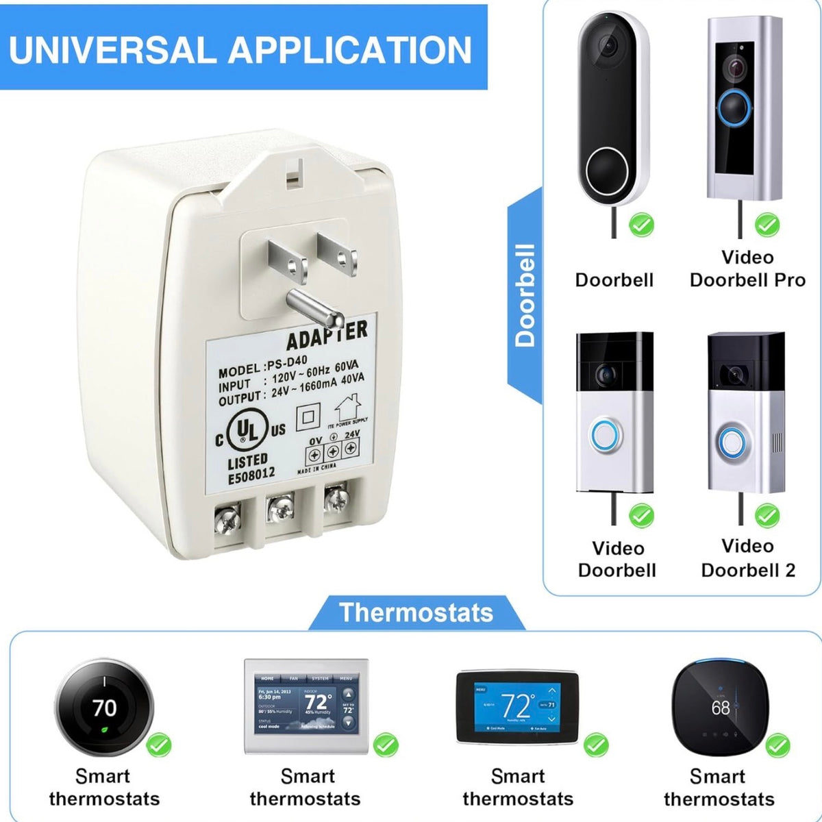 2 Pack - 24V 40VA Plug in Transformer, UL Listed (Without Screw Holes)
Compatible with Ring, Nest, Sensi Doorbell & Thermostats, PTC Fuse Protection, LED Power Indicator