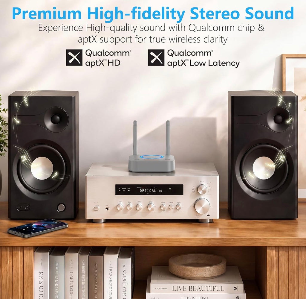 B06Pro Bluetooth 5.3 Receiver for Home Stereo, Hi-Fi Audio Adapter
Long Range, aptX HD Low Latency, AUX RCA Optical Coaxial, Wireless Music Streaming from Your Phone to Old Stereo Systems