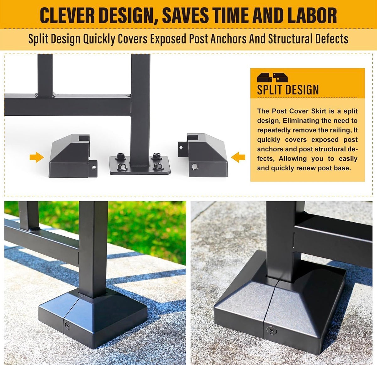 1” Split Type Post Skirt, Indoor/Outdoor Iron Deck Railing, Stair Post Base Decorative Covers (8 Pack-Black)