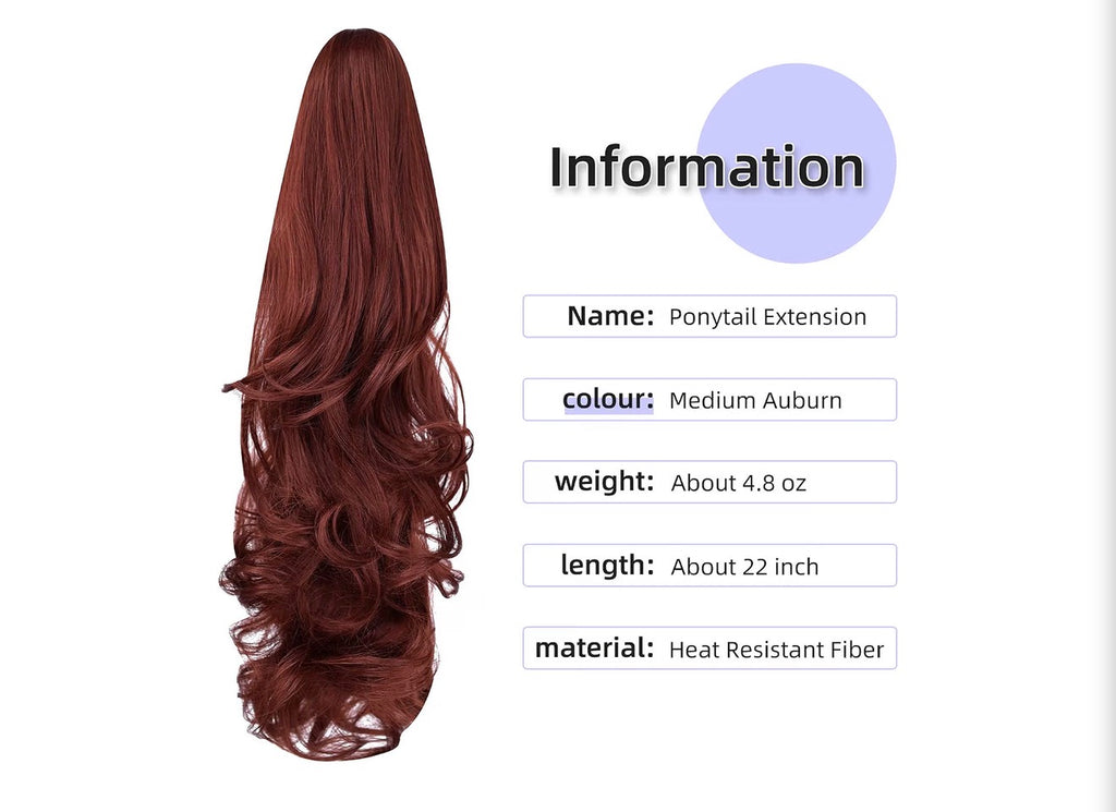 Claw Clip Ponytail Extension, 22" Clip in Ponytail,Auburn
Red Ponytail Extension,Long Wavy,Natural Looking Synthetic Hairpiece,Daily Use