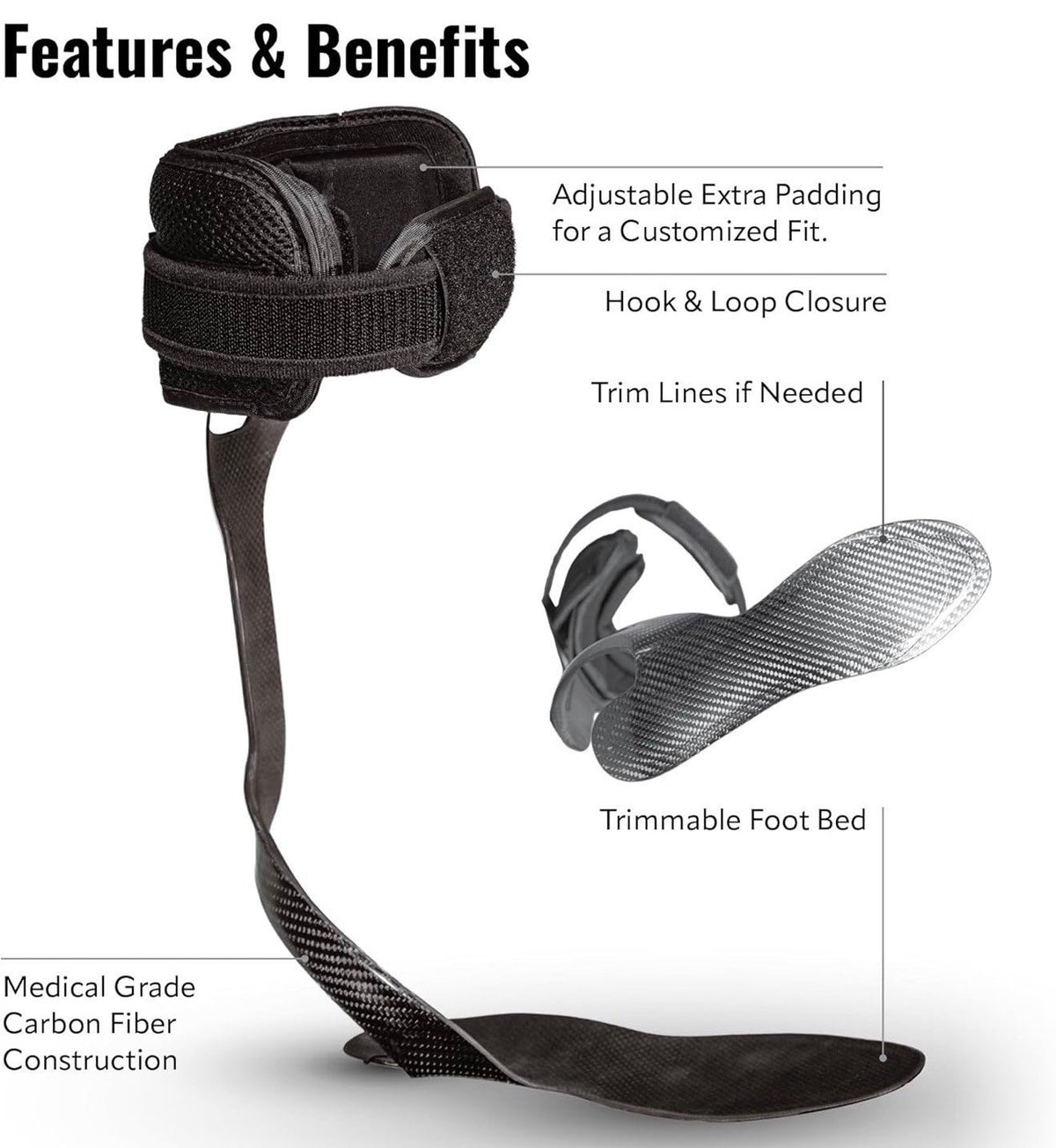 Carbon Fiber AFO Foot Drop Brace, Universal, Right Foot
Structured AFO Design, Drop Foot Support, Walking Instability Aid, injury support - FOR RIGHT FOOT ONLY