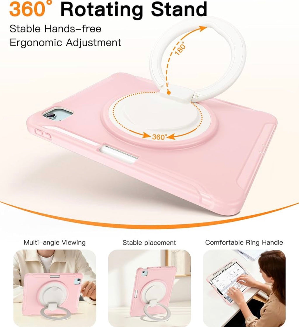 Case for iPad Air 11 Inch M2 M3 M4, Air 4th 5th, Pink
3in1 PC+TPU, Shockproof, 360° Rotatable 180° Foldable Ring Stand for Grip, Carry, Hang and Multi-Angle Viewing,Pencil Holder