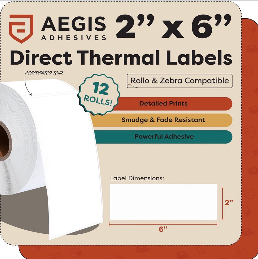 2” X 6" Direct Thermal Labels (3000 Count, 12 Rolls) Long Thermal Barcode Labels for Inventory - Compatible With Zebra and Rollo Printers - Aegis Adhesives