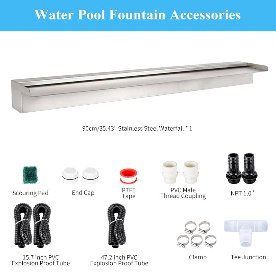 36” Inch Pool Fountain 304 Stainless Steel Waterfall Spillway with Pipe Connector Kits, Wider Water Flow Sheer Descent Platform Water Feature Fountain for Swimming Pool, Outdoor Garden Decor