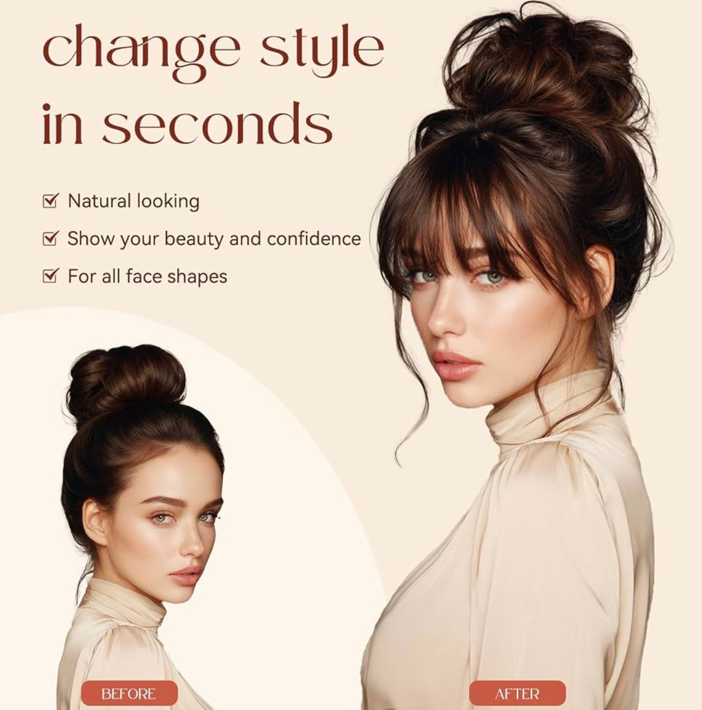 100% Human Hair Clip In Bangs, 360°Real Human Hair Toppers for Women Natural Fringe Extensions with Invisible Clips-Medium Brown