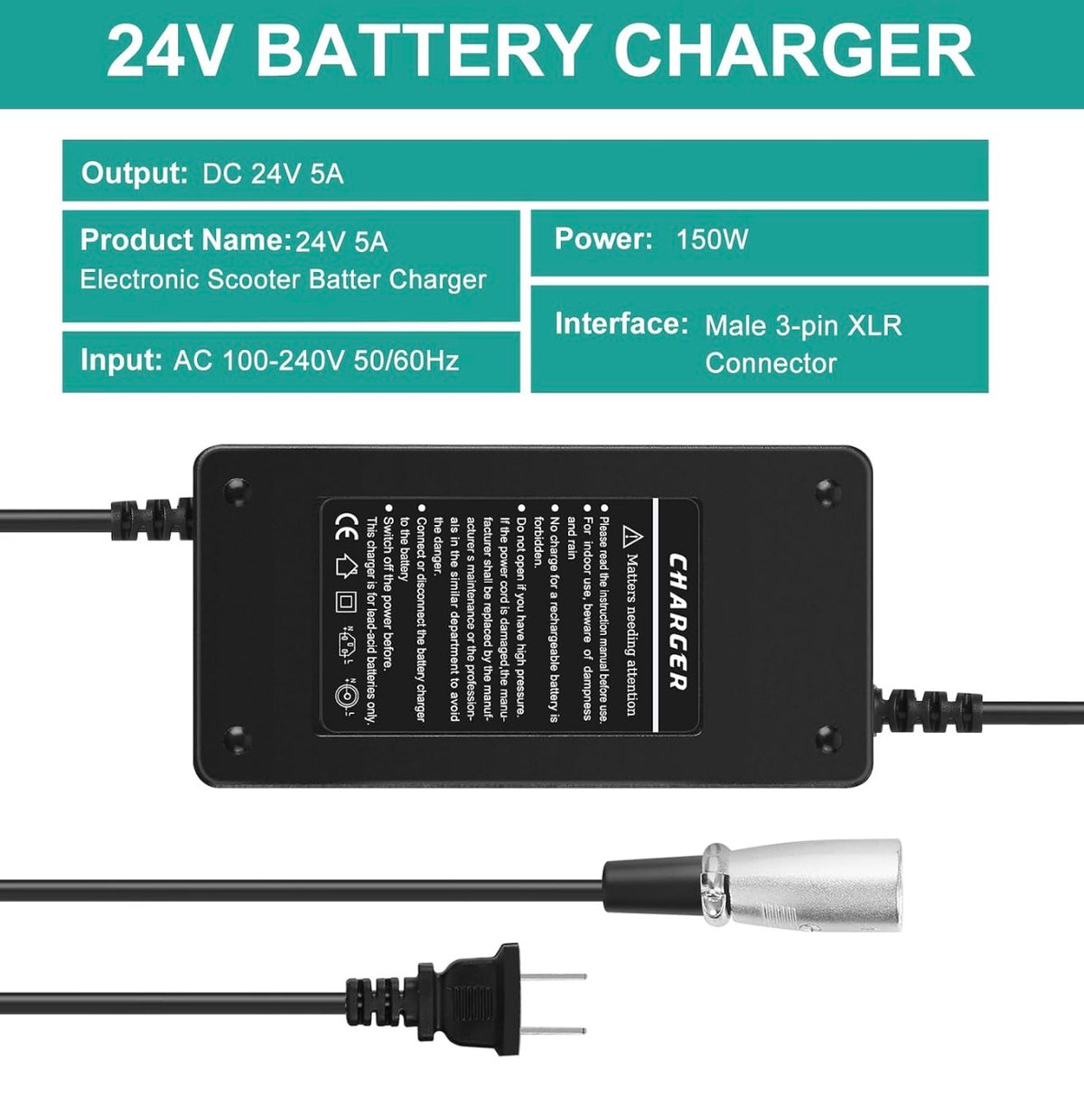 24V 5A Lead-Acid Battery Charger for Lakematic,Pride Mobility, Wheelchair,Drive Medical, Golden Technologies, Shoprider, Jazzy Power Chair, Rascal 200T/500T/301 PC 24BC5000TF-1 EA1065 180 X-CEL