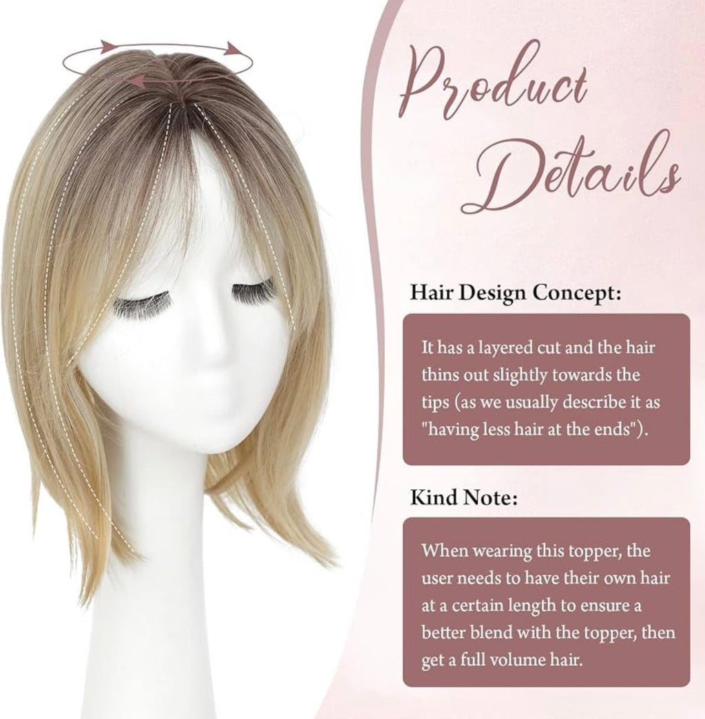 Hair Topper 12” Inch Clip in Synthetic Hair Toppers for Women with Thinning Hair Layered 6.5" X 6.5" Big Base Toppers Hair Pieces for Women Daily Use Blonde with dark root
