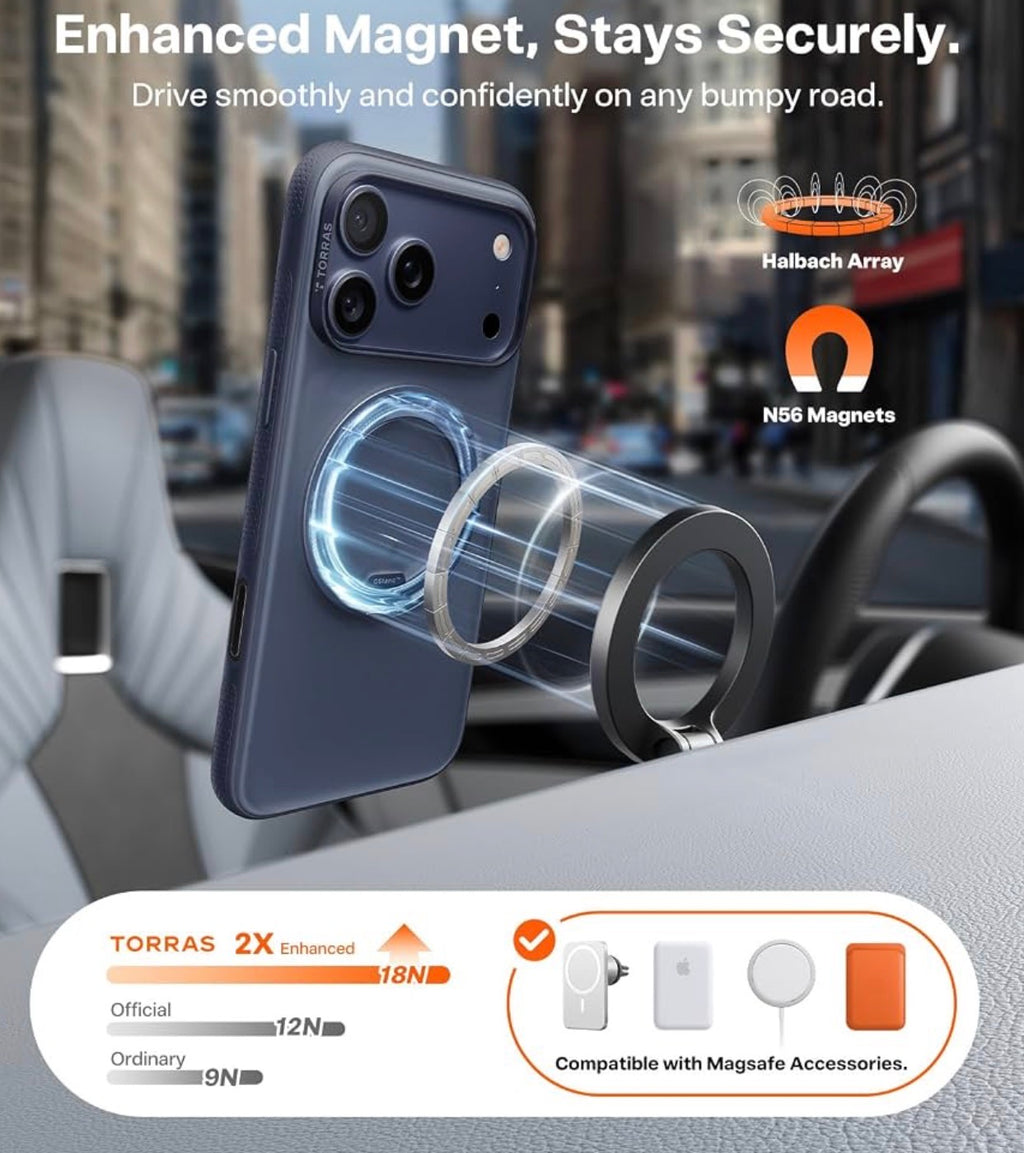 TORRAS for iPhone 17 Pro Case, 360 Magnetic Stand, Translucent Deep Blue
[Fit for MagSafe] [360° Rotating Kickstand] 4X Mil-Grade Shockproof, Camera Button, Slim, O3 Fitness Series, 6.3"